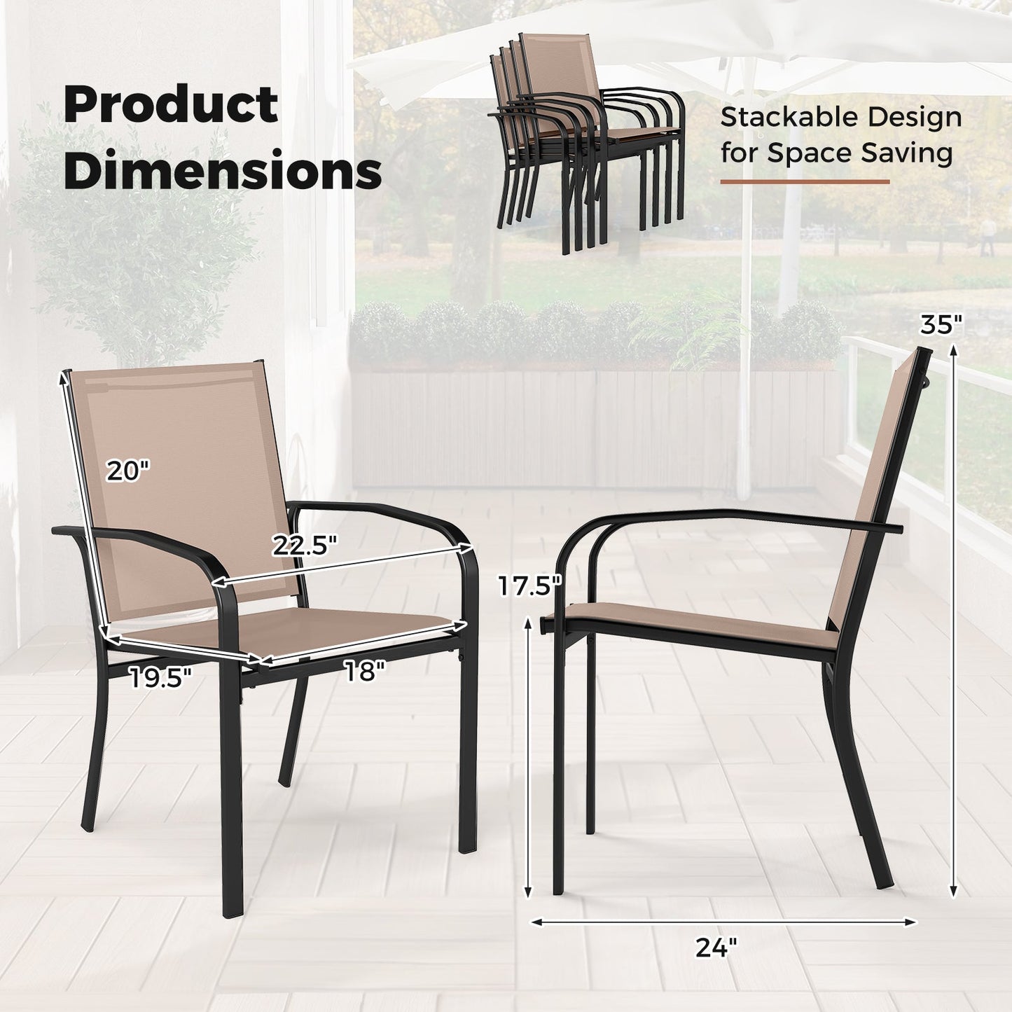 Outdoor Dining Chairs Set of 4 with High Back and Metal Frame-Light Brown showing stackable design and dimensions for space saving.