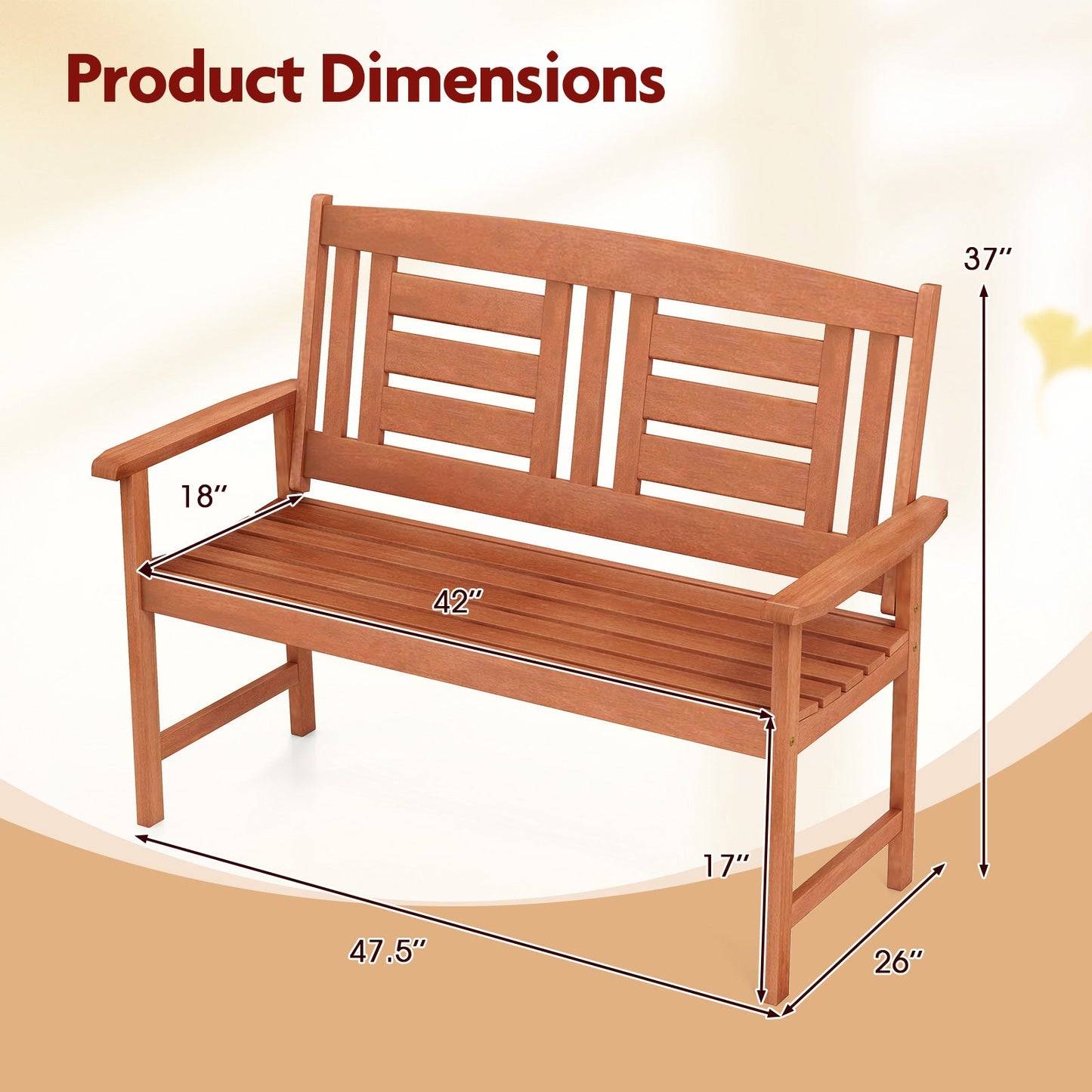 Outdoor Solid Wood Loveseat Hardwood 2-Seat Bench with Inclined Backrest and Slatted Seat, product dimensions and design features