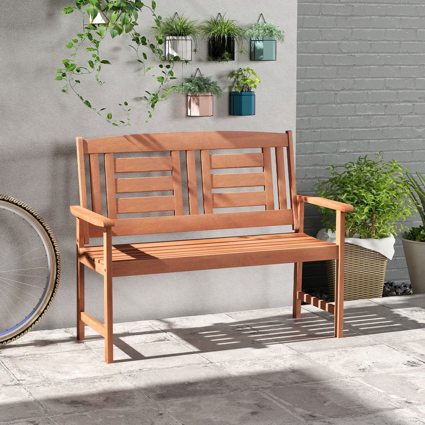 Outdoor Solid Wood Loveseat Hardwood 2-Seat Bench with Inclined Backrest and Slatted Seat on patio