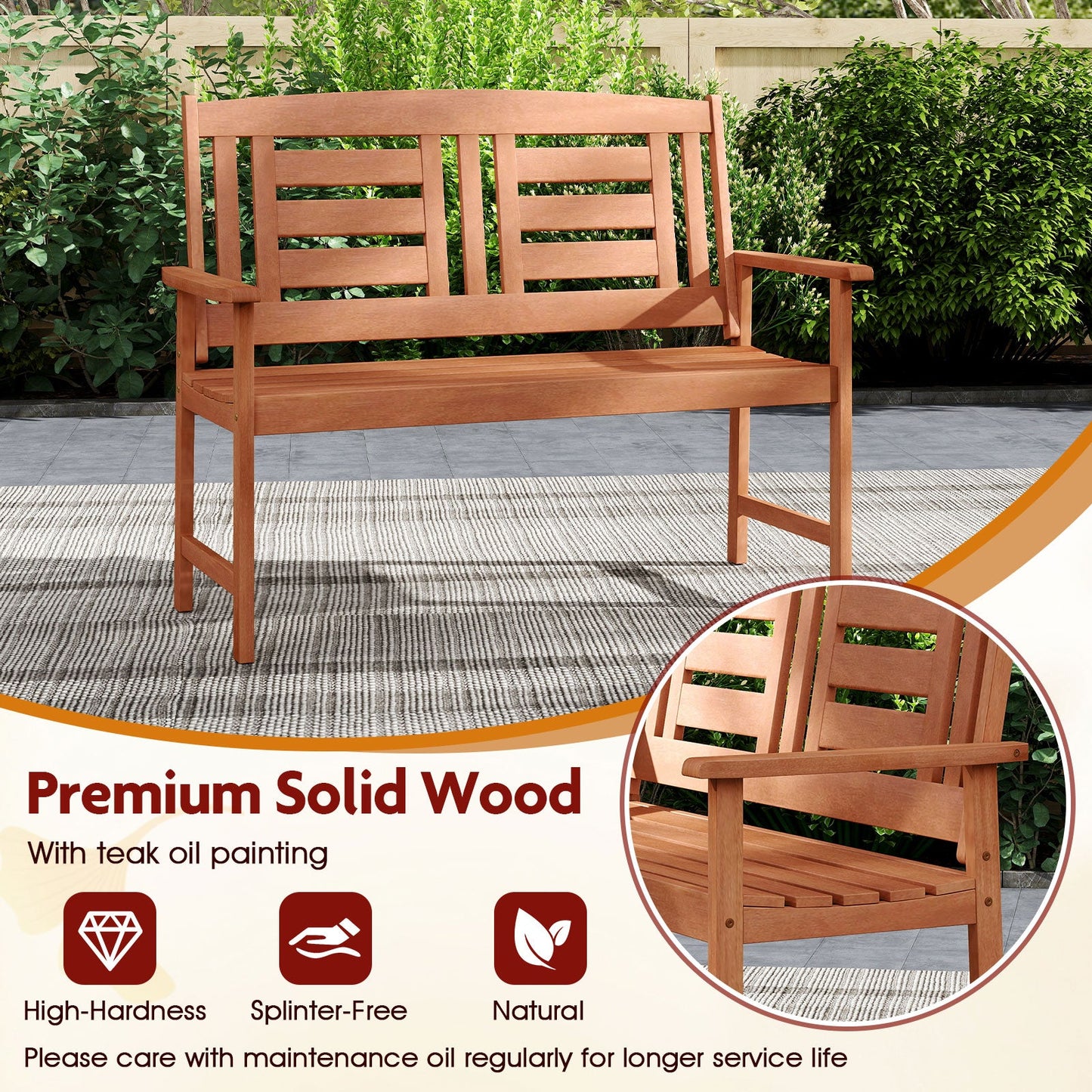 Outdoor Solid Wood Loveseat Hardwood 2-Seat Bench with Inclined Backrest and Slatted Seat in garden setting