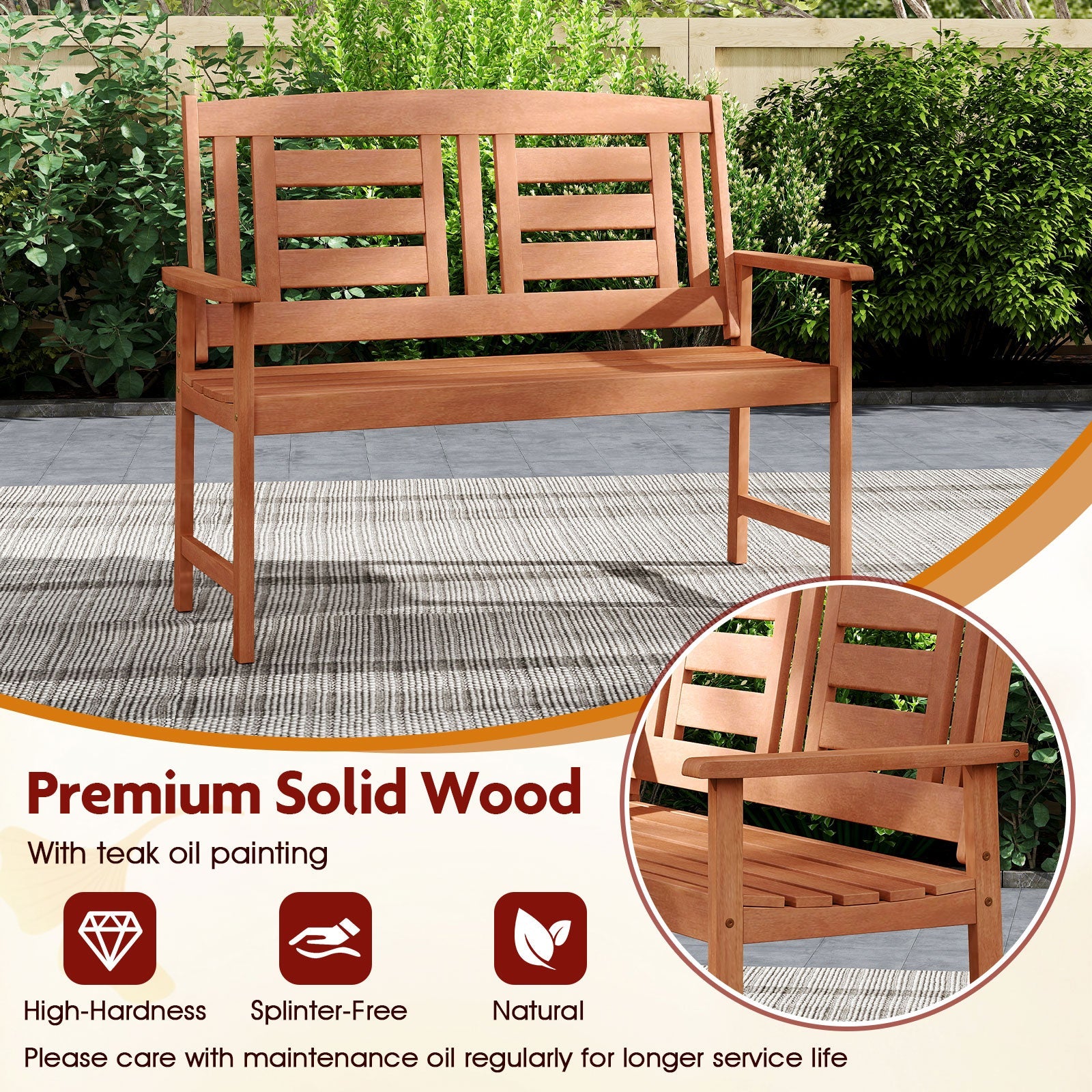 Outdoor Solid Wood Loveseat Hardwood 2-Seat Bench with Inclined Backrest and Slatted Seat in garden setting