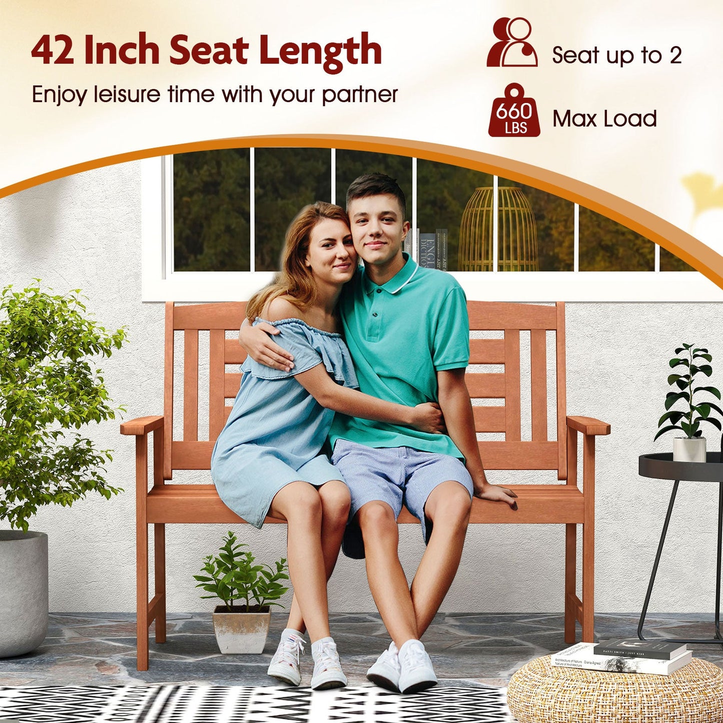 Couple sitting on Outdoor Solid Wood Loveseat Hardwood 2-Seat Bench with Inclined Backrest and Slatted Seat on patio