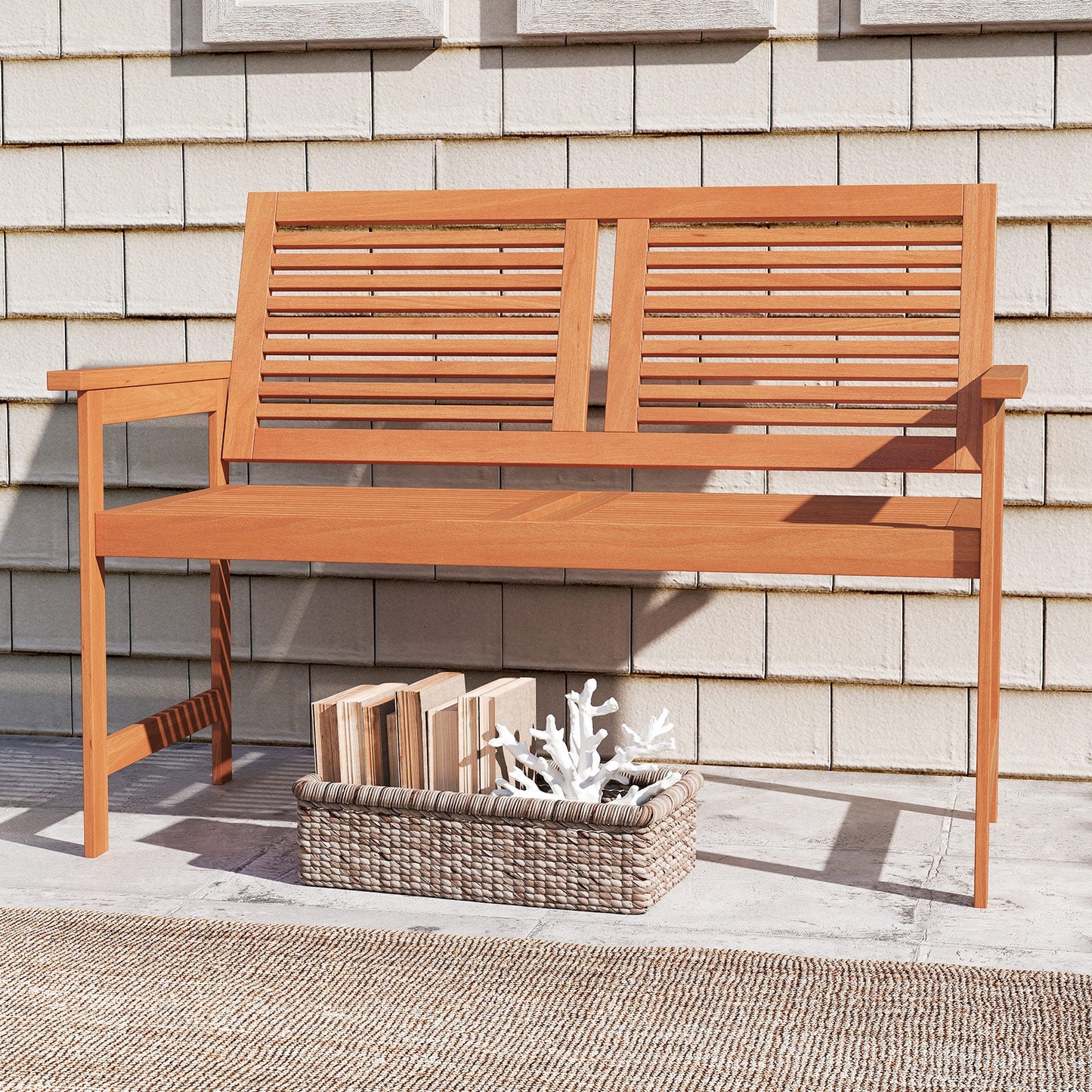 Outdoor Wooden Bench 2-Person Patio Bench with Slatted Backrest and Seat on patio