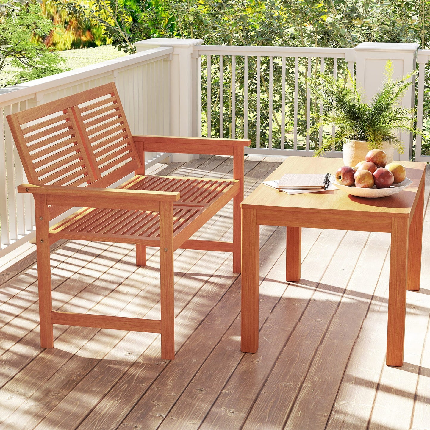 Outdoor Wooden Bench 2-Person Patio Bench with Slatted Backrest and Seat on a sunny deck next to a wooden table.
