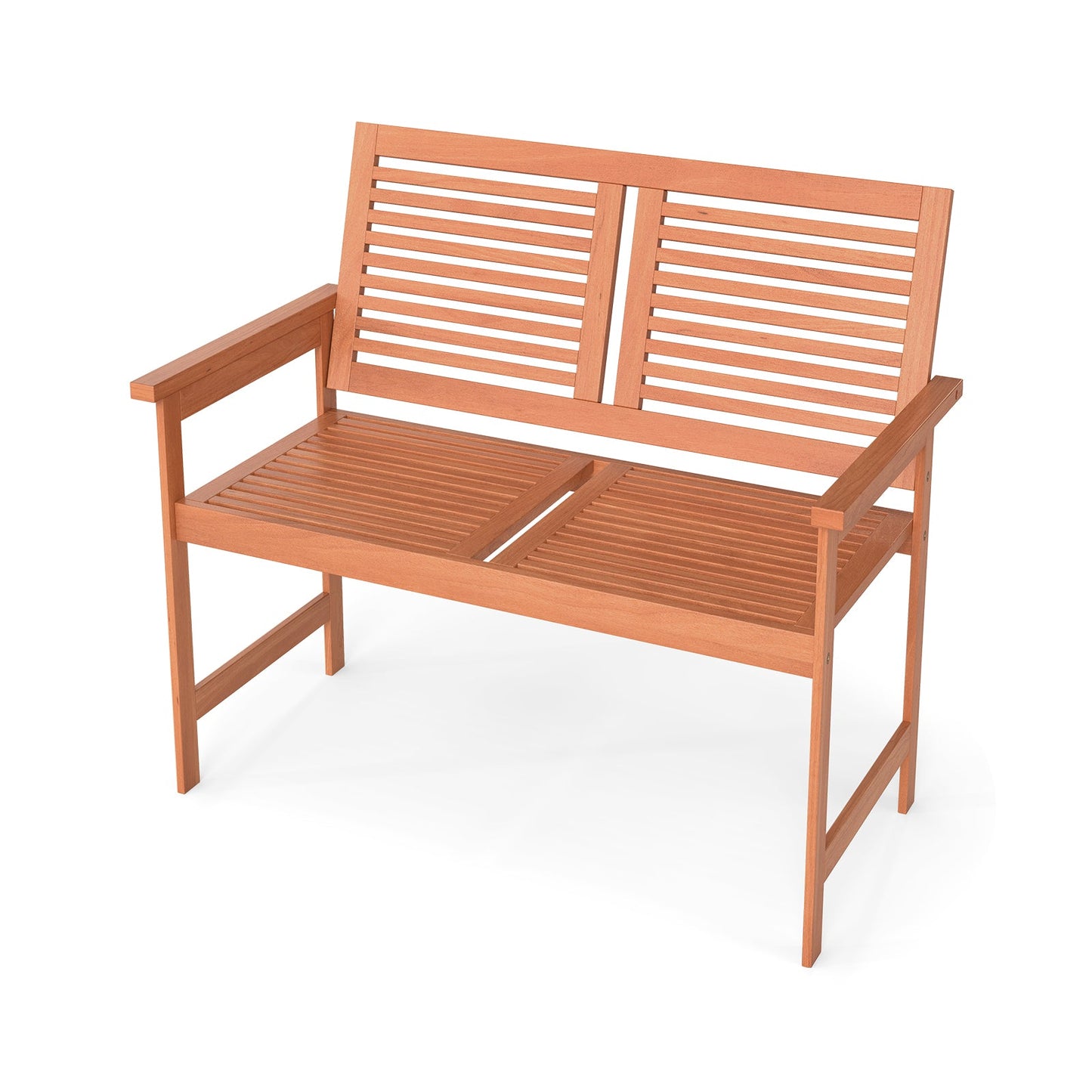 Outdoor Wooden Bench 2-Person Patio Bench with Slatted Backrest and Seat, ideal for gardens and patios, featuring solid wood construction.