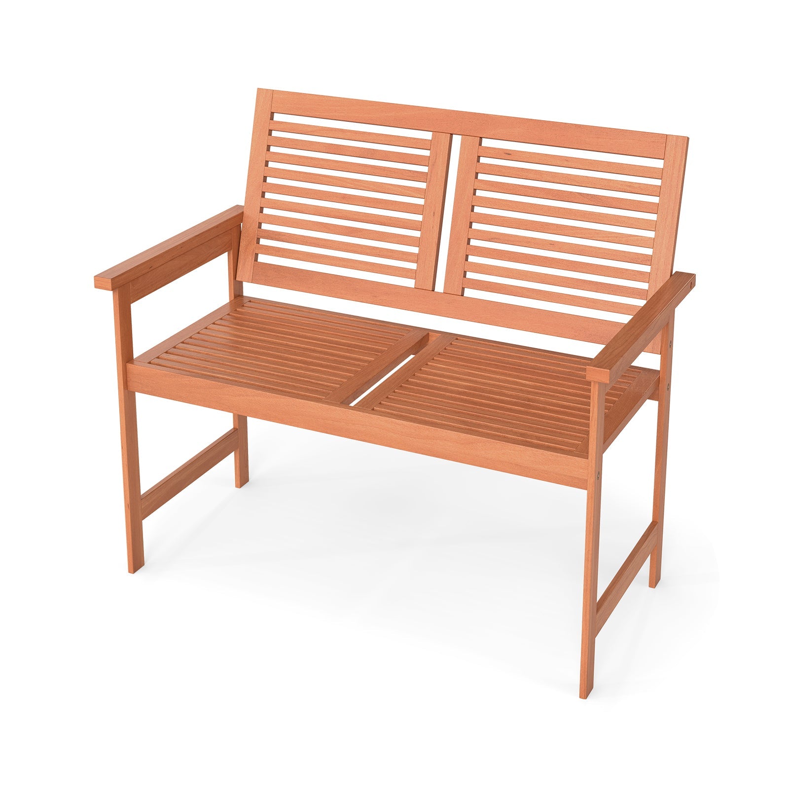 Outdoor Wooden Bench 2-Person Patio Bench with Slatted Backrest and Seat, ideal for gardens and patios, featuring solid wood construction.