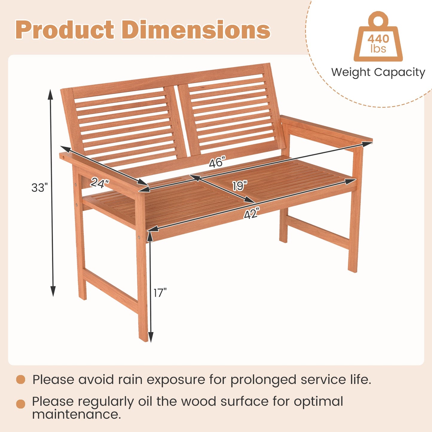 Outdoor Wooden Bench 2-Person Patio Bench with Slatted Backrest and Seat dimensions and weight capacity