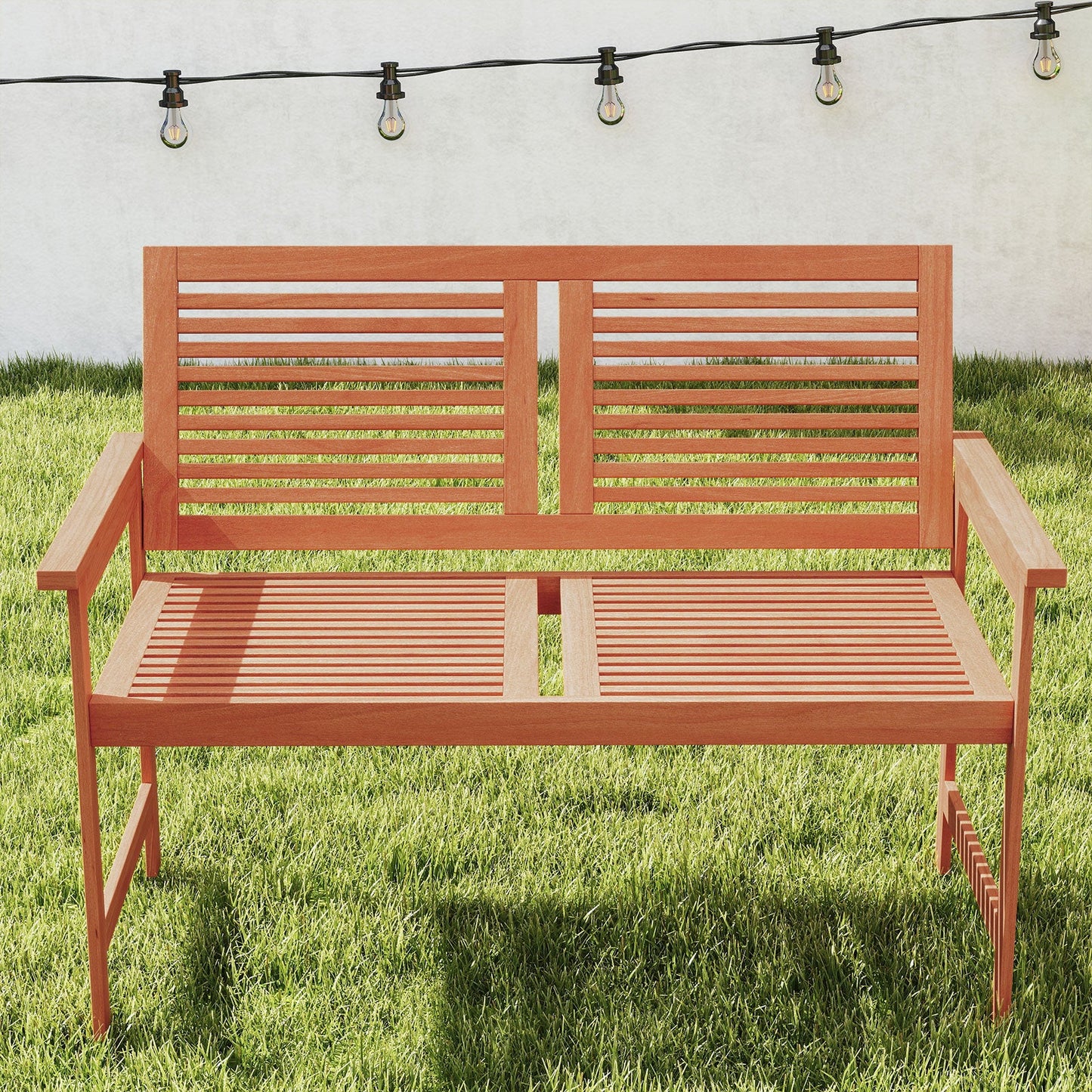 Outdoor Wooden Bench 2-Person Patio Bench with Slatted Backrest and Seat in a garden setting