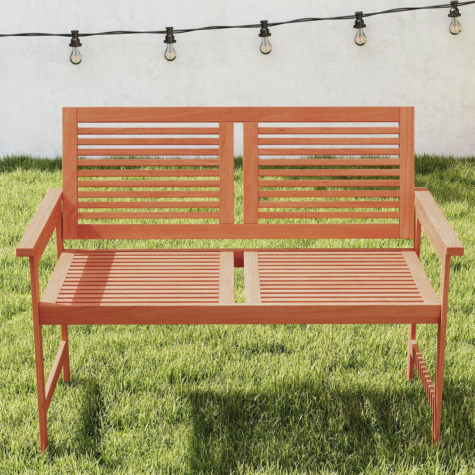 Outdoor Wooden Bench 2-Person Patio Bench with Slatted Backrest and Seat in a garden setting