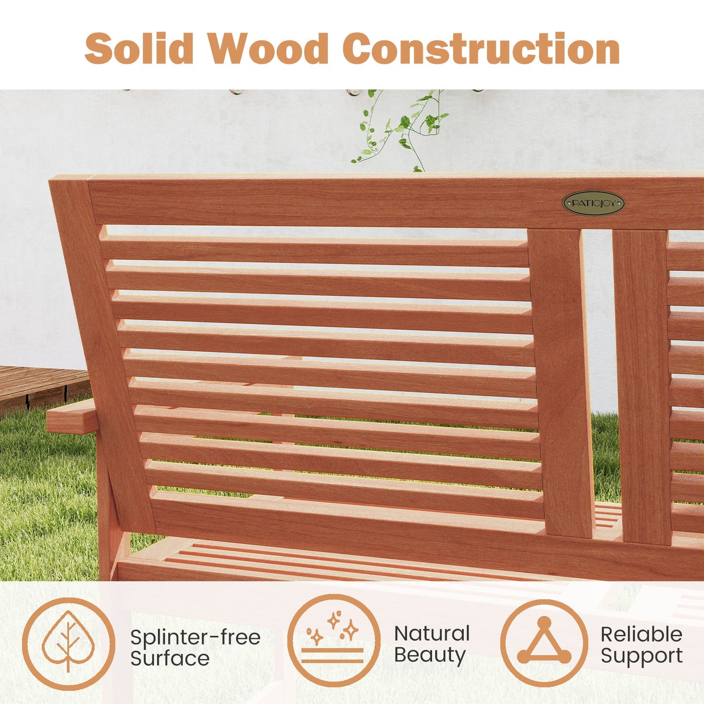Outdoor Wooden Bench 2-Person Patio Bench with Slatted Backrest and Seat showcasing solid wood construction and natural beauty.