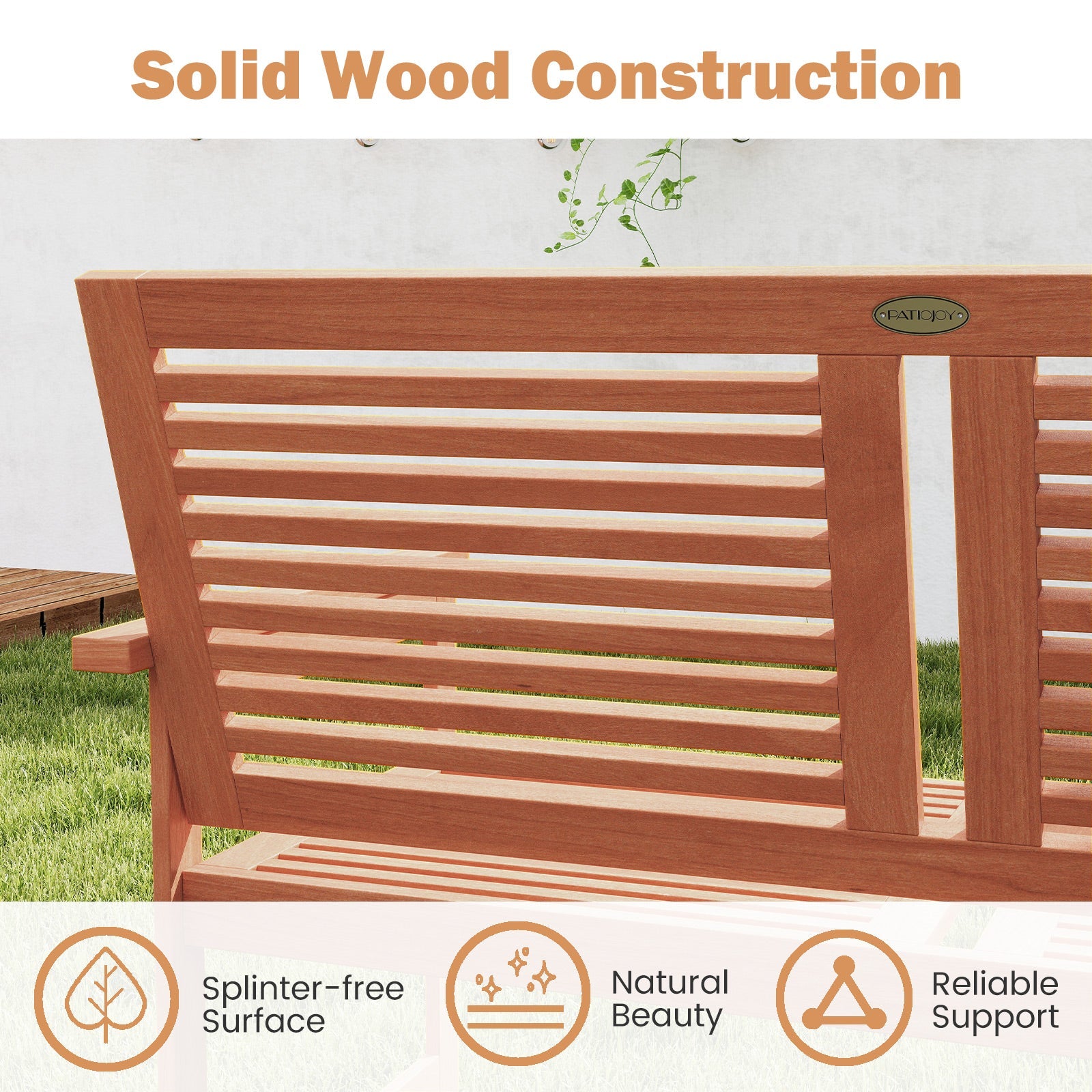 Outdoor Wooden Bench 2-Person Patio Bench with Slatted Backrest and Seat showcasing solid wood construction and natural beauty.