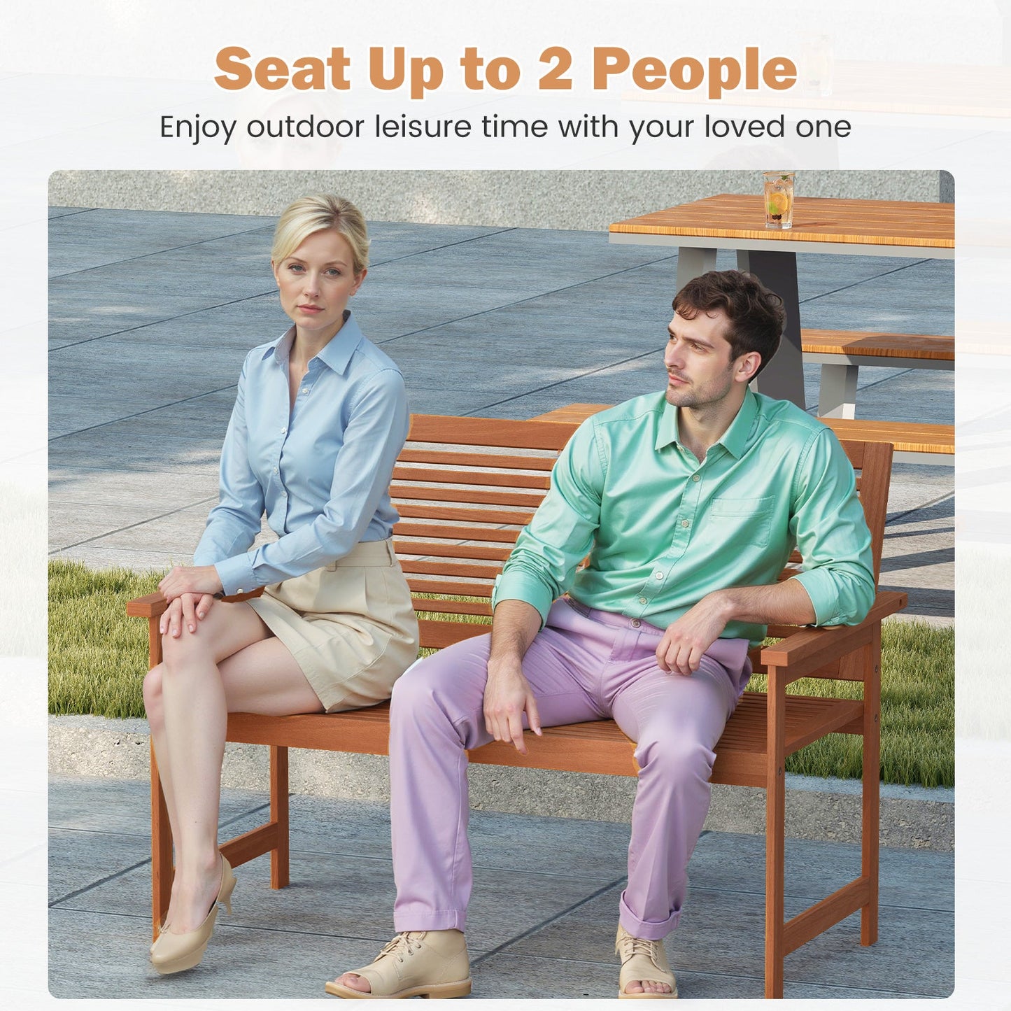 Outdoor Wooden Bench 2-Person Patio Bench with Slatted Backrest and Seat, seating two people outdoors for leisure time.