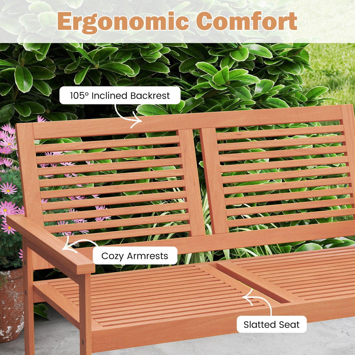 Outdoor Wooden Bench 2-Person Patio Bench with Slatted Backrest and Seat in garden setting