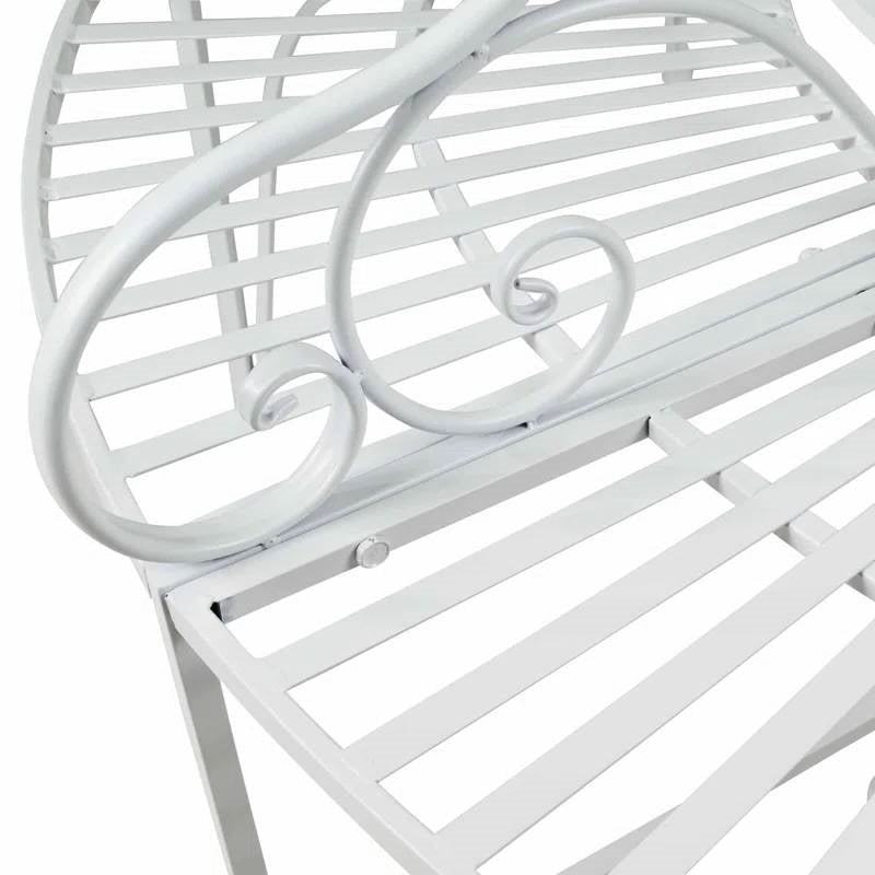 Half-Circle White Metal Outdoor Patio Garden Tree Bench with intricate details and foldable design for elegant outdoor seating