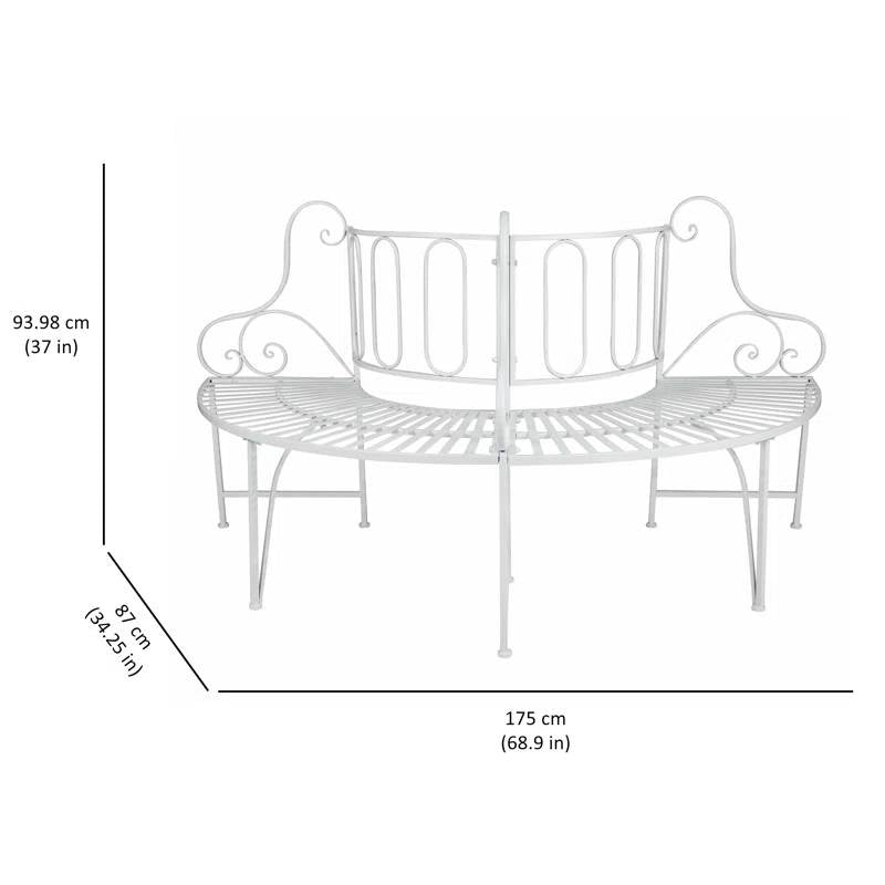 Half-Circle White Metal Outdoor Patio Garden Tree Bench with measurements in centimeters and inches