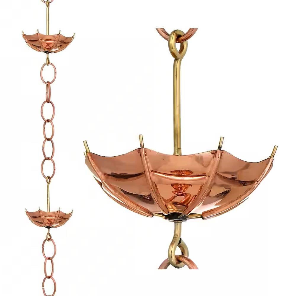 8.5 ft. Copper Umbrella Rain Chain Gutter Downspout with Brass Accessories showing copper and brass ornament design