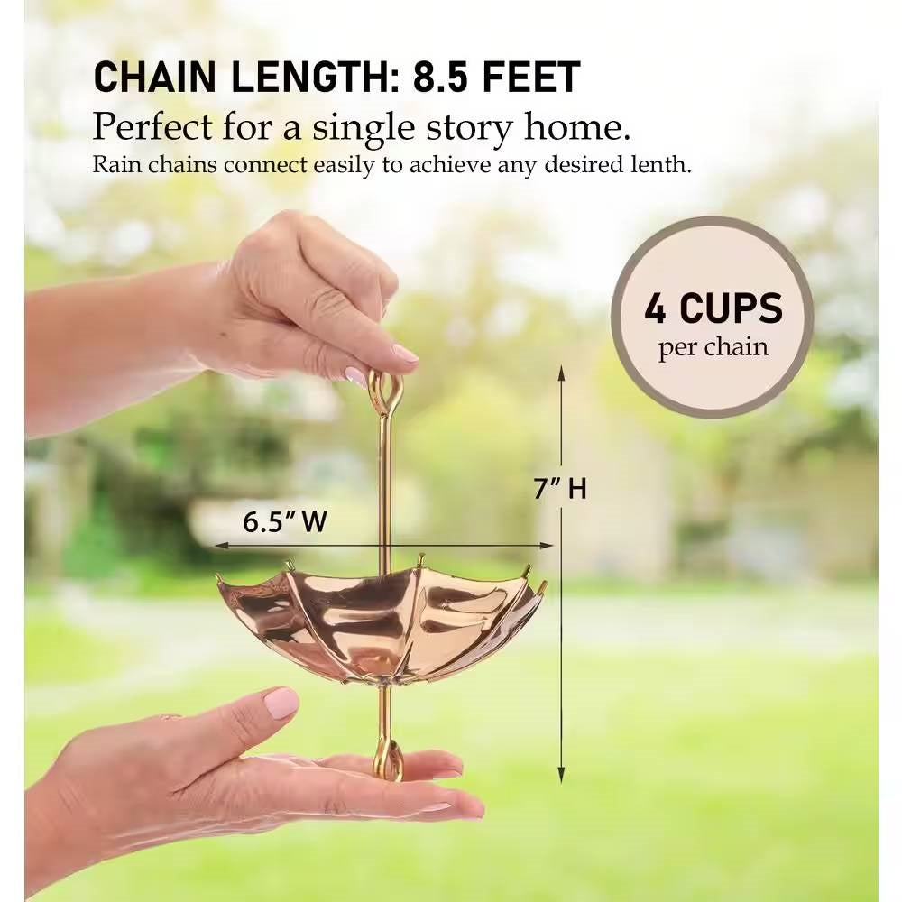 8.5 ft. Copper Umbrella Rain Chain Gutter Downspout with Brass Accessories, perfect for single story homes, 6.5 inches wide, 7 inches high.