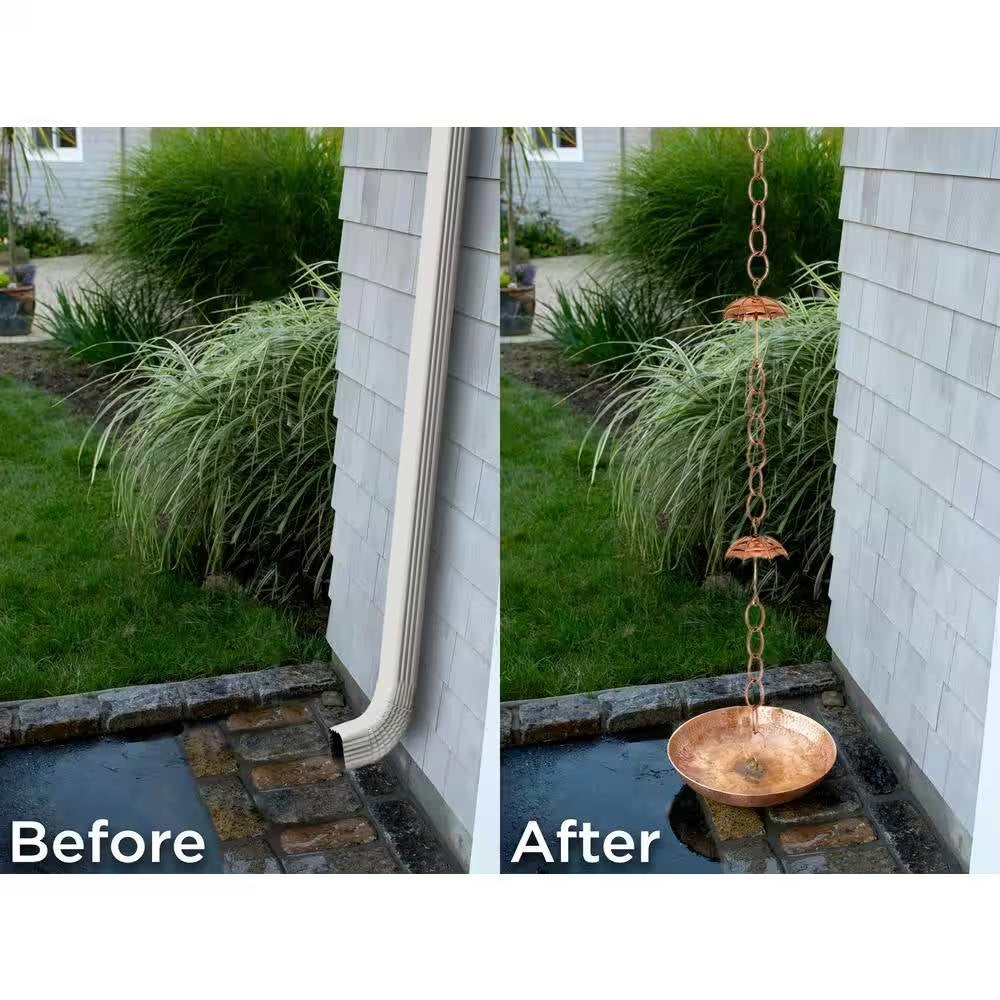 Before and after installation of 8.5 ft. Copper Umbrella Rain Chain Gutter Downspout with Brass Accessories