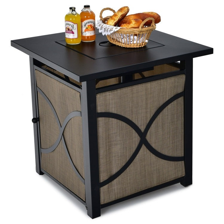 40,000 BTU Portable LP Gas Propane Fire Pit Table with removable lid, used as coffee table, and bread basket on top.
