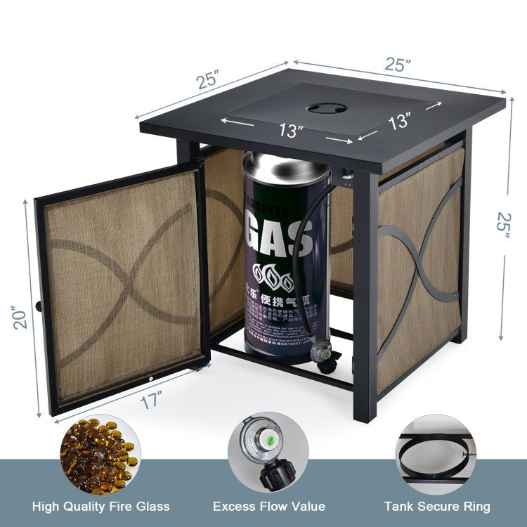 Dimensions and features of the 40,000 BTU Portable LP Gas Propane Fire Pit Table showcasing gas tank storage and design.