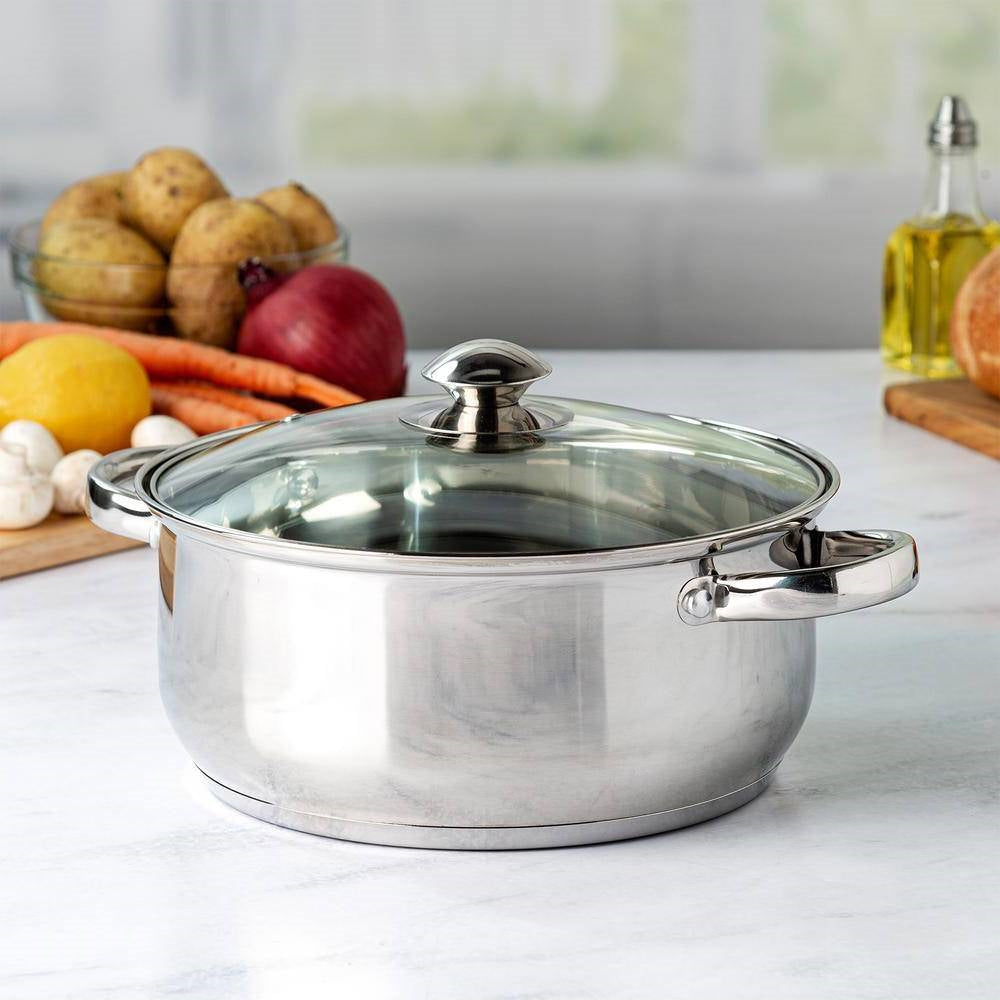 Round 5-Quart Stainless Steel Dutch Oven with Glass Lid on kitchen countertop