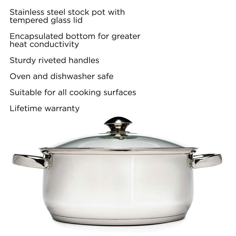 Round 5-Quart Stainless Steel Dutch Oven with Glass Lid, featuring riveted handles and encapsulated bottom for conductivity.