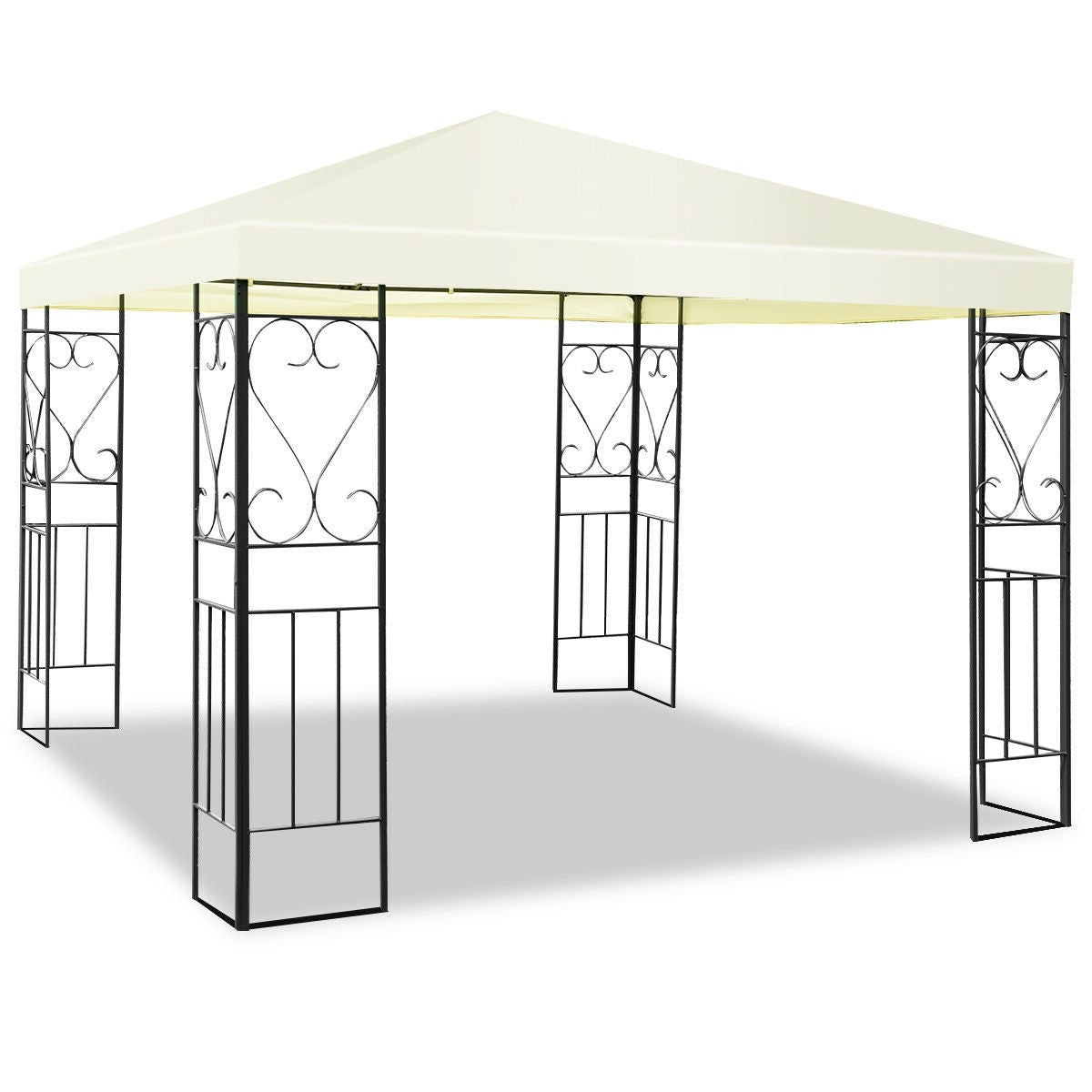 10 x 10 Ft Outdoor Steel Frame Gazebo Shelter with Waterproof Polyester Canopy featuring decorative steel footings.
