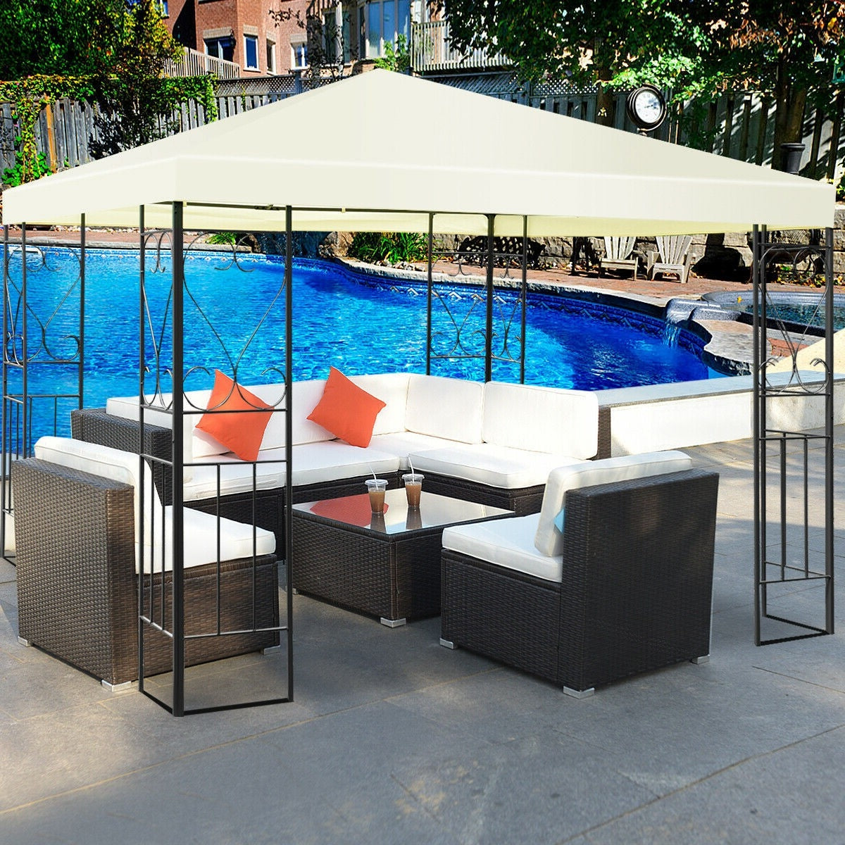 10 x 10 Ft Outdoor Steel Frame Gazebo Shelter with Waterproof Polyester Canopy by poolside with patio furniture