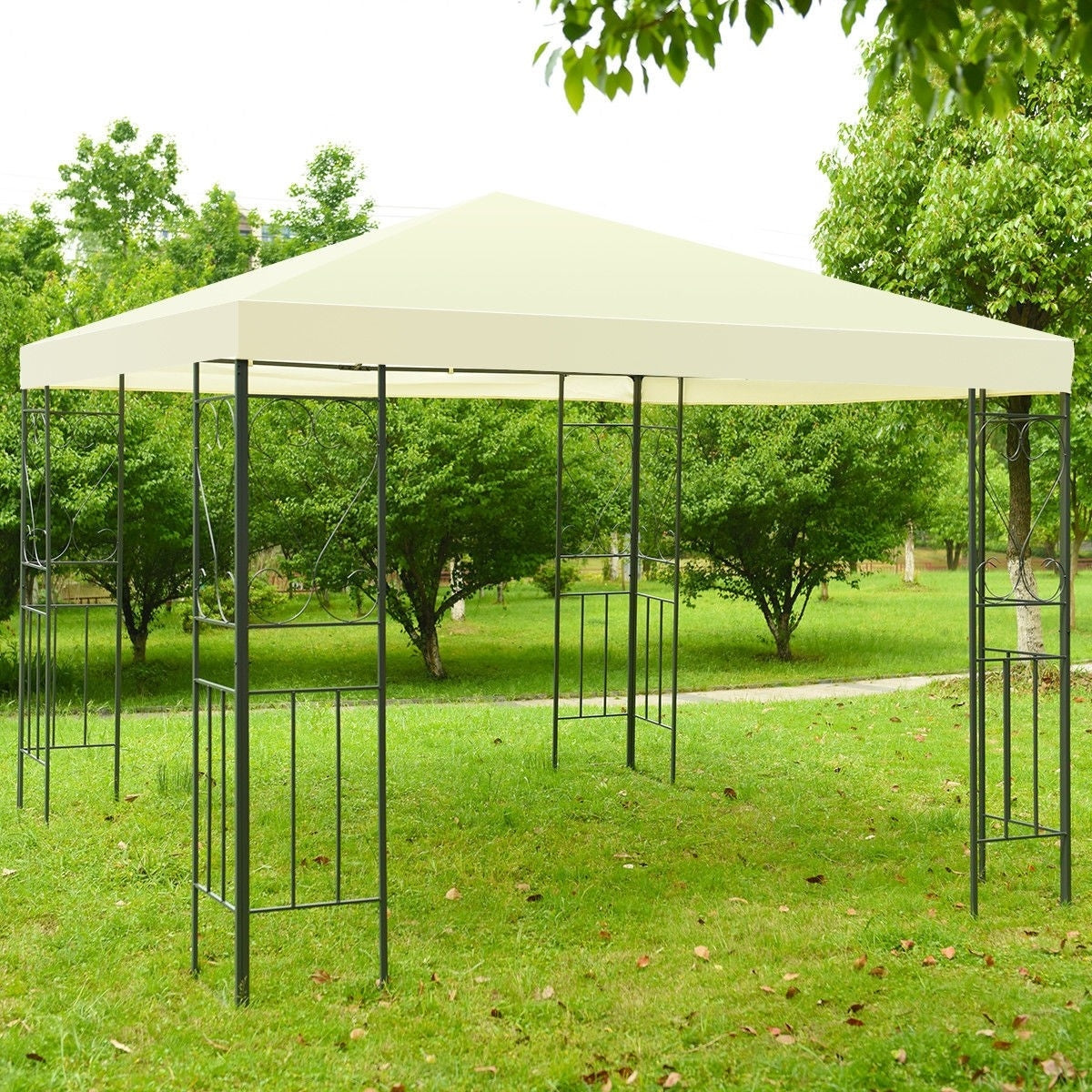 10 x 10 Ft Outdoor Steel Frame Gazebo Shelter with Waterproof Polyester Canopy in a garden setting