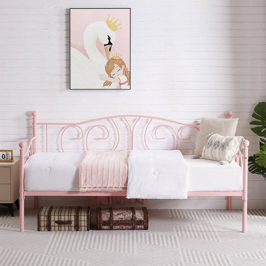 Twin size Victorian Pink Metal Daybed Frame - 350 lbs. Weight Capacity in a modern living room with elegant decor