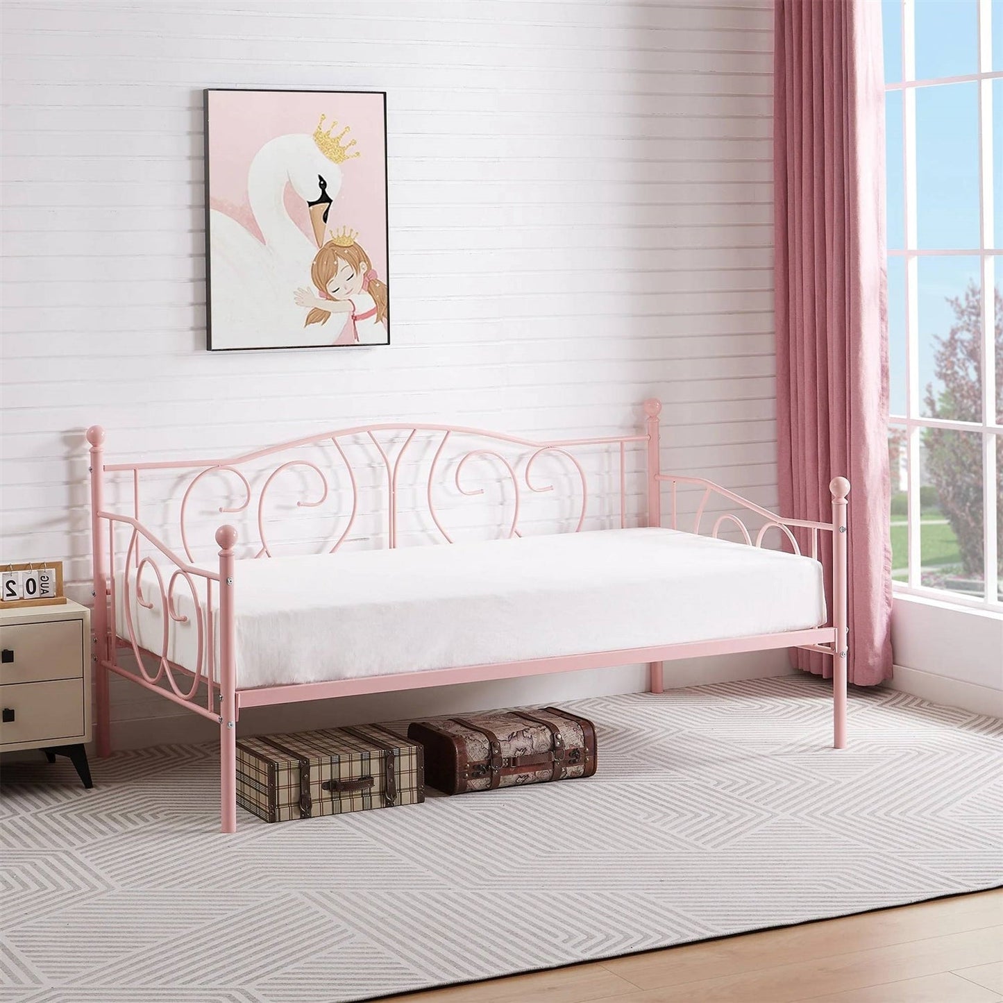 Twin size Victorian Pink Metal Daybed Frame - 350 lbs. Weight Capacity in a bright room with storage space underneath.