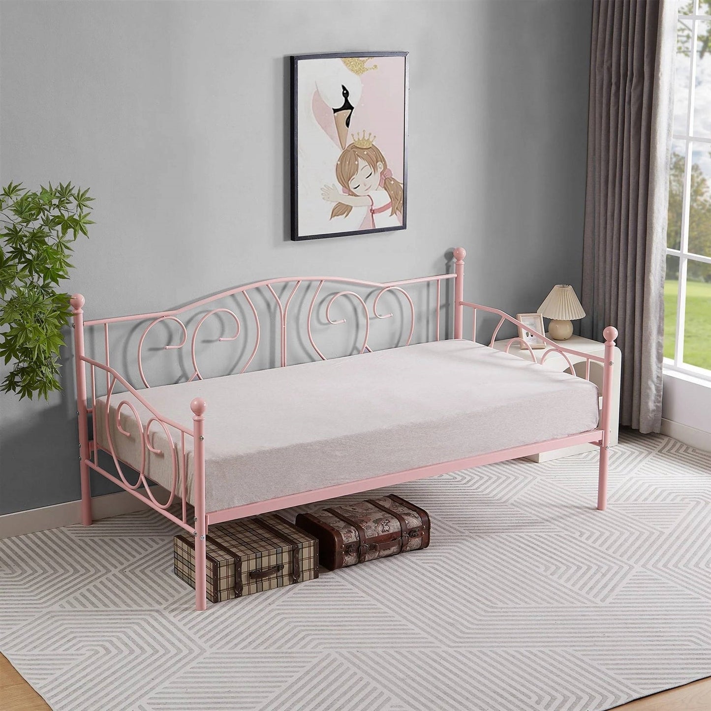 Twin size Victorian Pink Metal Daybed Frame - 350 lbs. Weight Capacity in a stylish bedroom setting