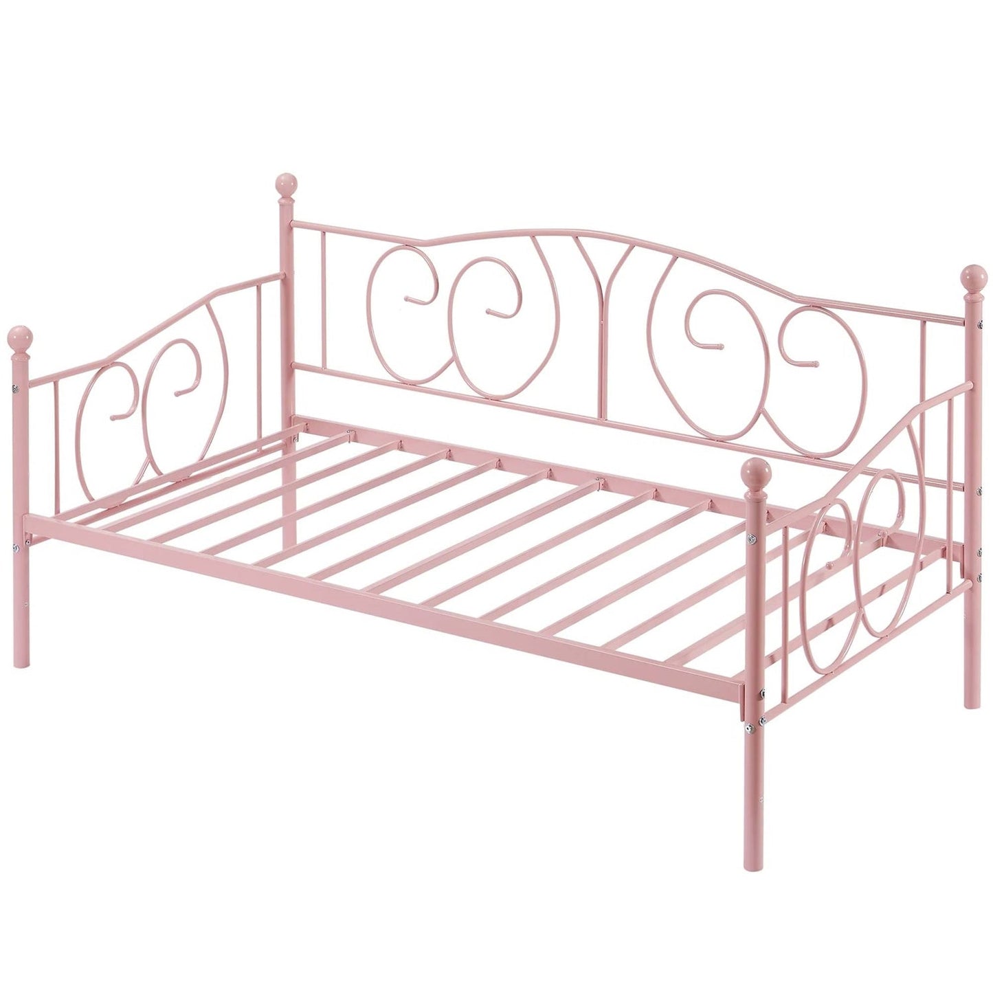Twin size Victorian Pink Metal Daybed Frame - 350 lbs. Weight Capacity, elegant design with sturdy metal slats for stability and storage.