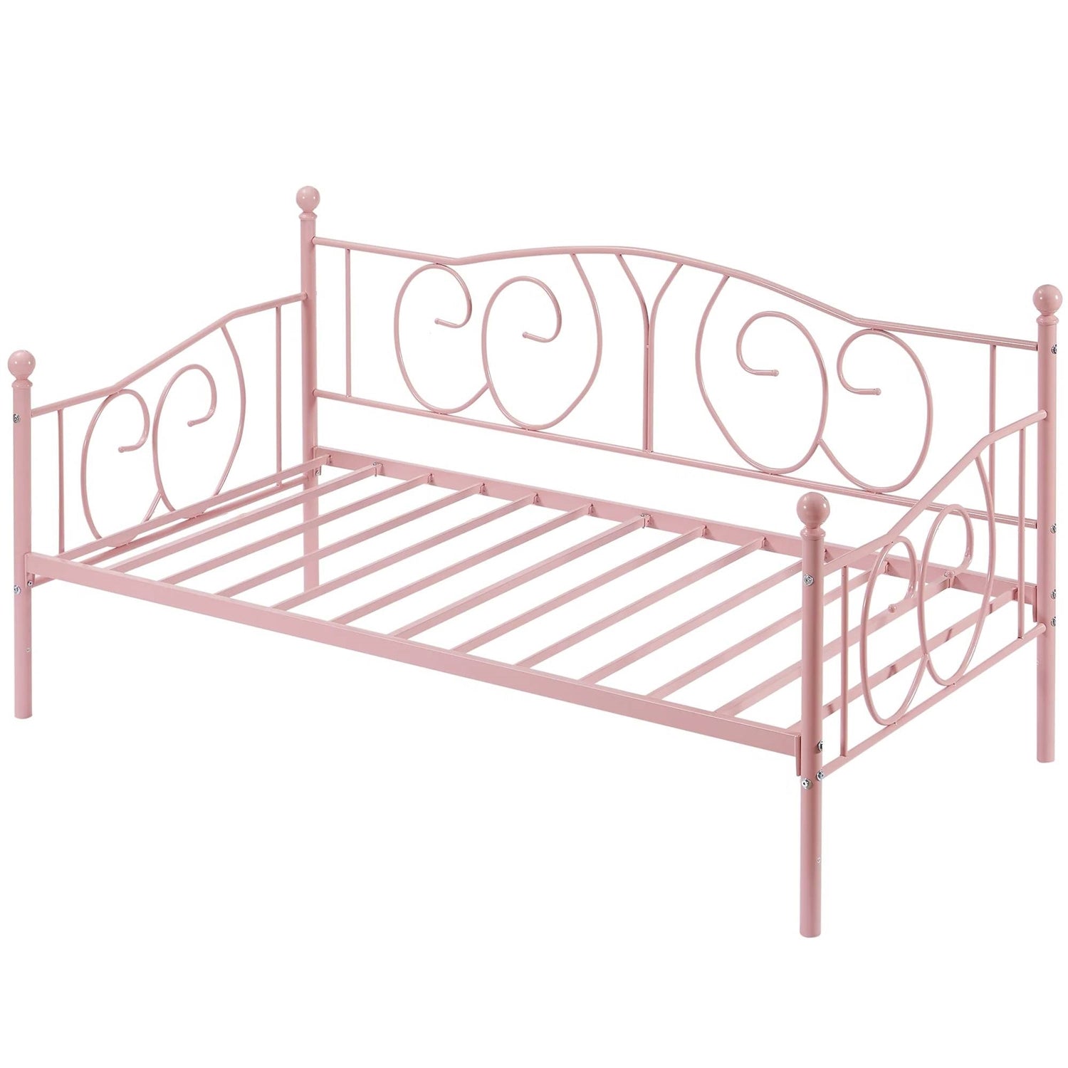 Twin size Victorian Pink Metal Daybed Frame - 350 lbs. Weight Capacity, elegant design with sturdy metal slats for stability and storage.