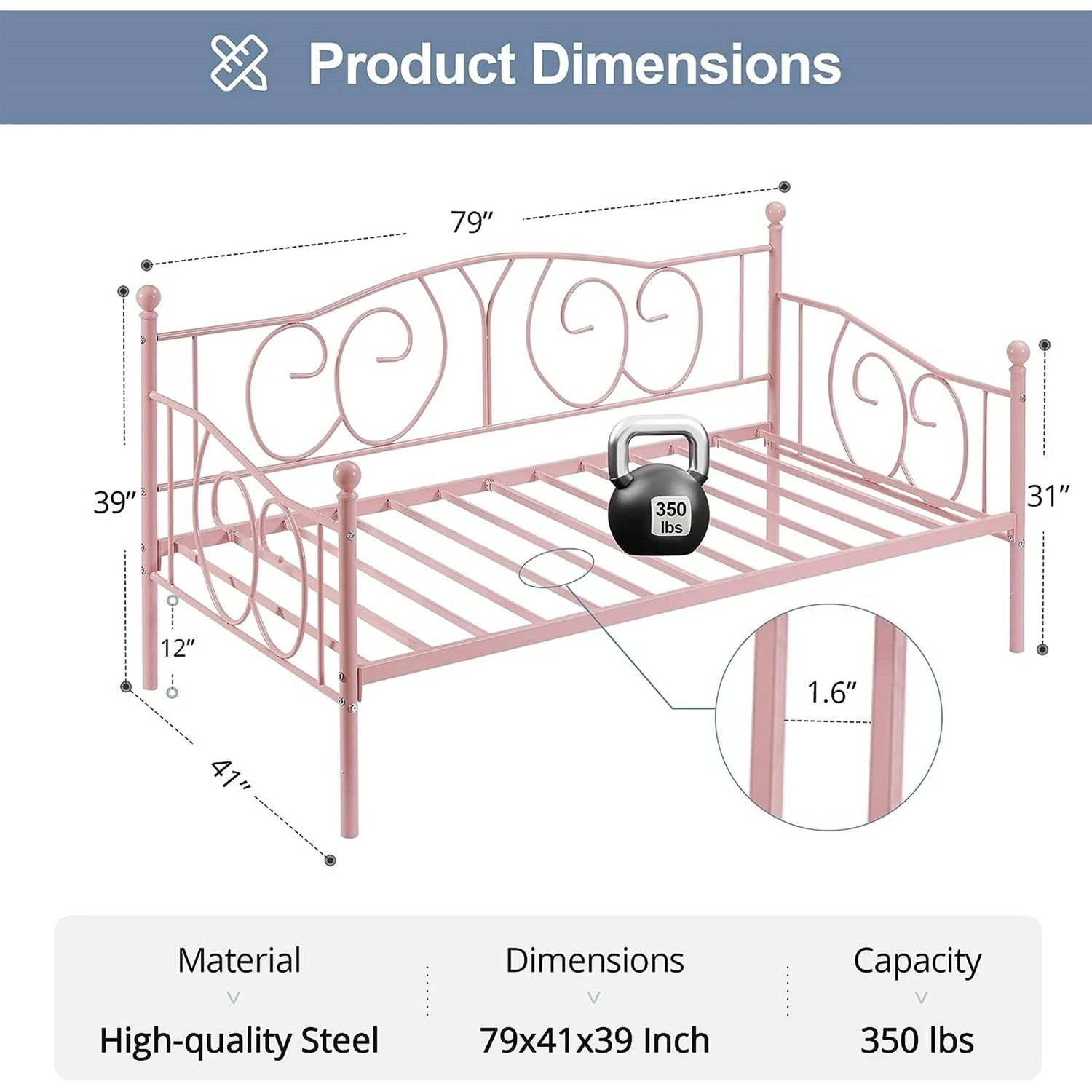 Twin size Victorian Pink Metal Daybed Frame - 350 lbs. Weight Capacity; product dimensions and material details shown.