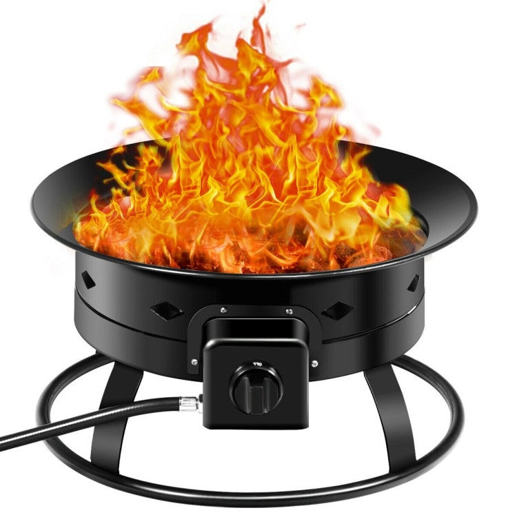 Portable Outdoor Black Metal Propane Fire Pit with Cover and Carry Kit showing flame in use.