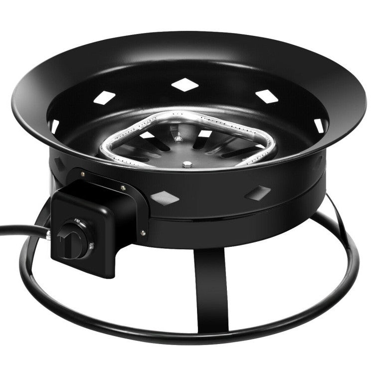 Portable Outdoor Black Metal Propane Fire Pit with Cover and Carry Kit in sleek black metal design.