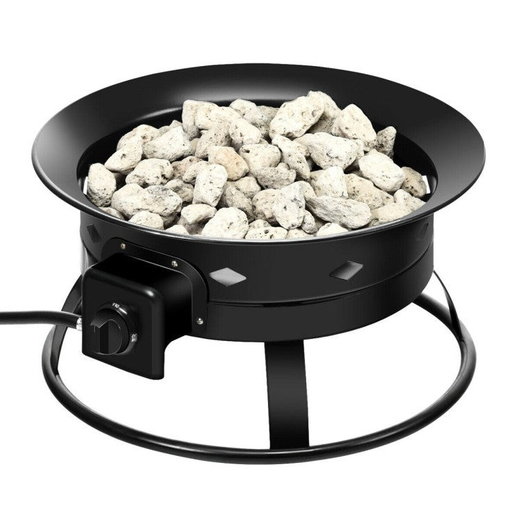 Portable Outdoor Black Metal Propane Fire Pit with Cover and Carry Kit featuring durable black powder-coated design.