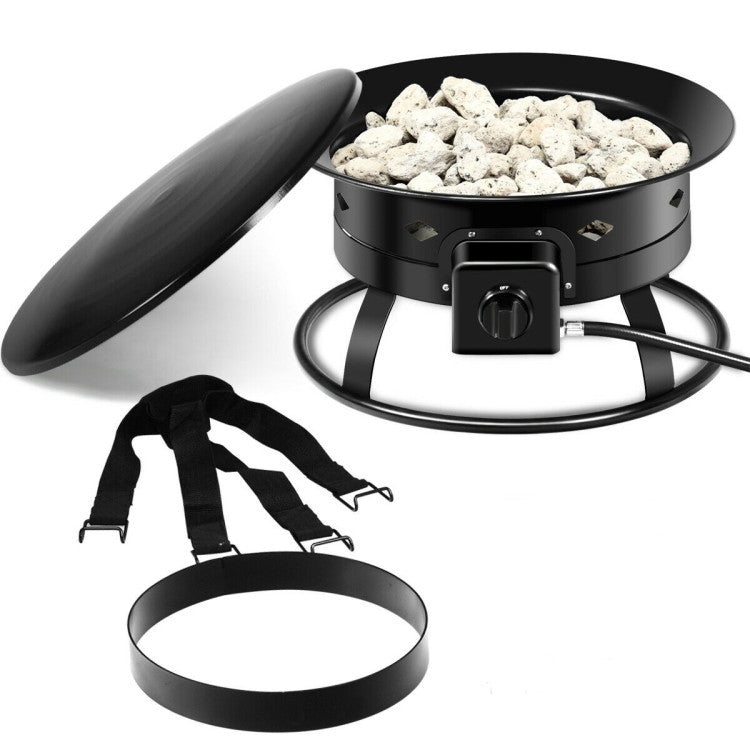 Portable Outdoor Black Metal Propane Fire Pit with Cover and Carry Kit showcasing design and accessories