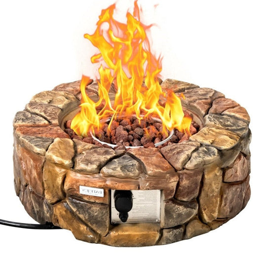 40,000 BTU Outdoor Circle Stone Gas Propane Fire Pit with decorative lava rocks and adjustable flame control