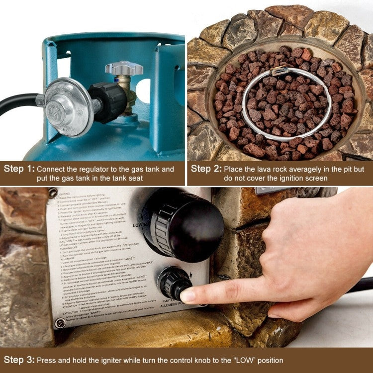 Instructions for setting up 40,000 BTU Outdoor Circle Stone Gas Propane Fire Pit with regulator, lava rocks, and control knob steps.