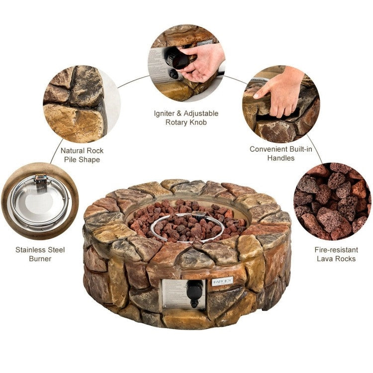 40,000 BTU Outdoor Circle Stone Gas Propane Fire Pit with lava rocks, adjustable rotary knob, stainless steel burner, and built-in handles.