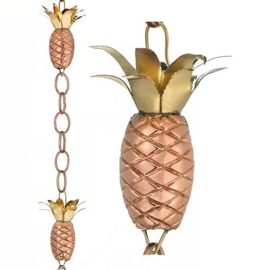 Close-up of 8.5 Ft. Copper Pineapple Rain Chain Gutter Downspout - Basin Not Included with pineapple ornaments.