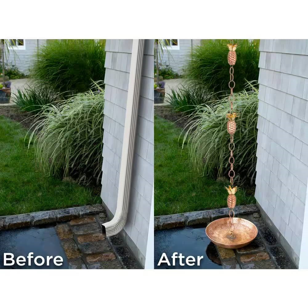 Before and after of 8.5 Ft. Copper Pineapple Rain Chain Gutter Downspout - Basin Not Included demonstrating functionality and design.