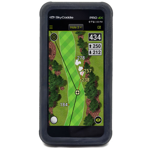 SkyCaddie PRO 4X in PRO 4X Black Silicone Skin with belt clip, displaying golf course map, ideal protection accessory at 50% off.