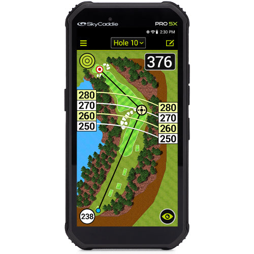 SkyCaddie® PRO 5X with TruePoint Precision Positioning Technology displaying golf course hole layout on screen.