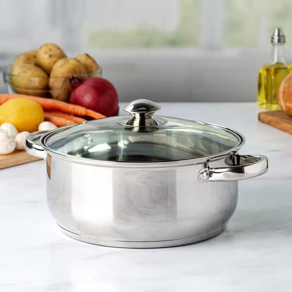 5-Quart Stainless Steel Dutch Oven with Glass Lid on kitchen counter with vegetables