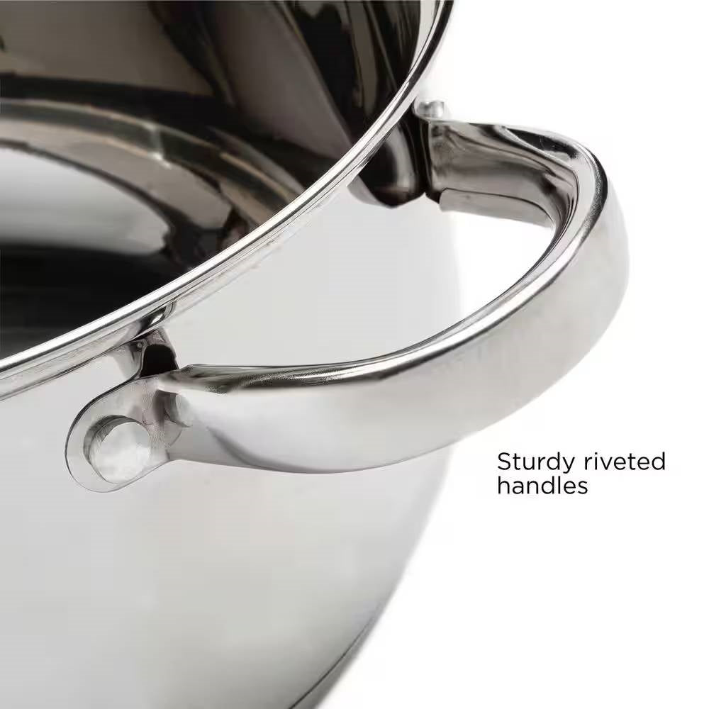 Close-up of 5-Quart Stainless Steel Dutch Oven with Glass Lid showing sturdy riveted handle design for durability and ease of use.