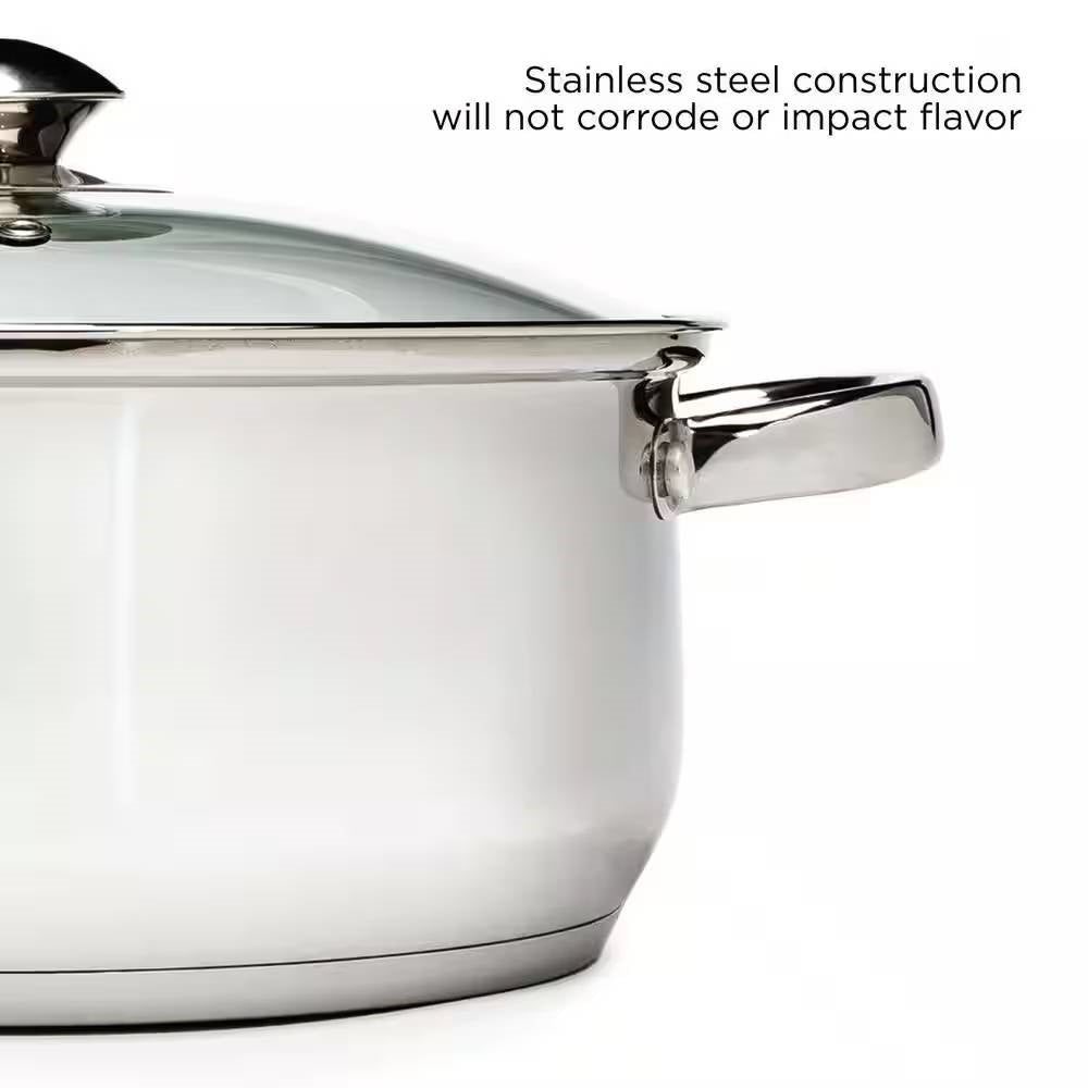 5-Quart Stainless Steel Dutch Oven with Glass Lid, close-up view showing durability and modern design.