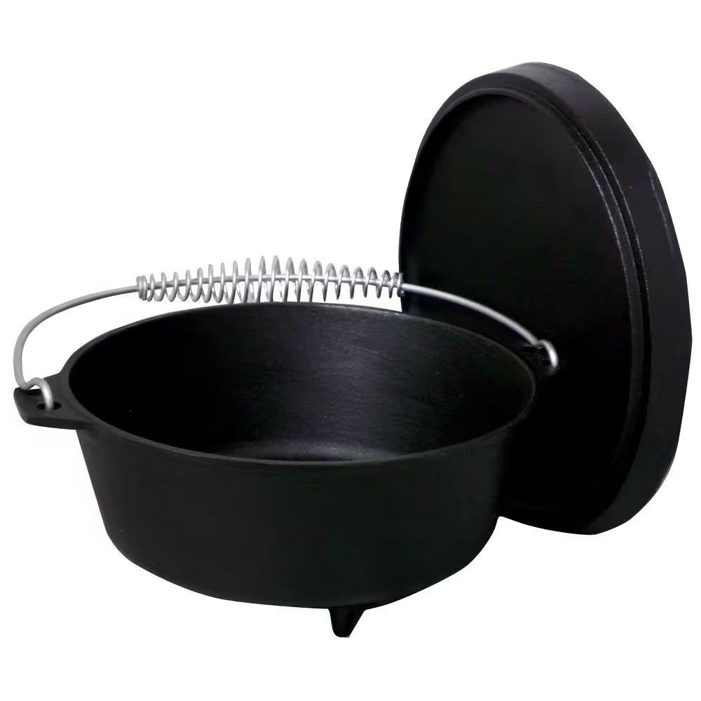 2-Gallon Seasoned Cast Iron Dutch Oven with Lid and Spiral Metal Handle, perfect for campfire or kitchen cooking.